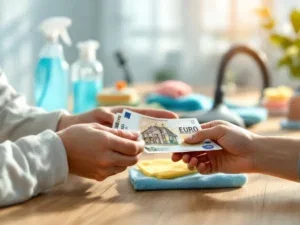 Handen wisselen geld en huissleutels uit op houten tafel met schoonmaakmiddelen op achtergrond