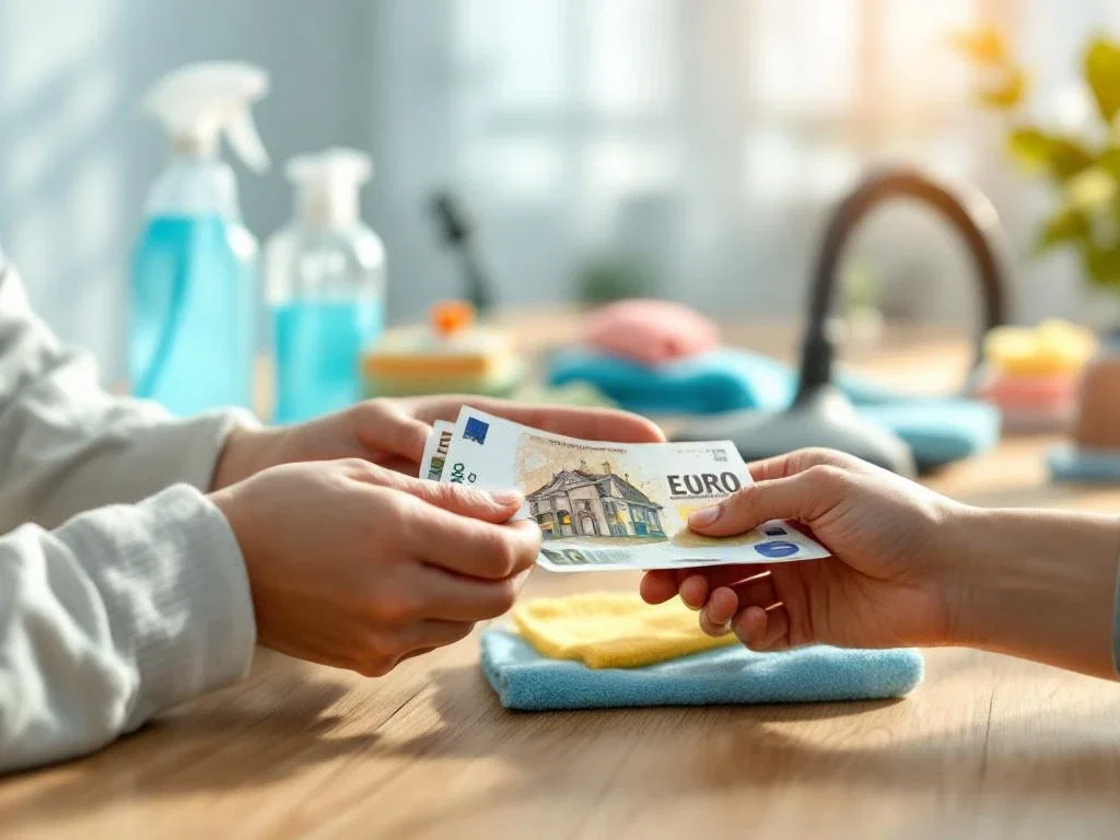 Handen wisselen geld en huissleutels uit op houten tafel met schoonmaakmiddelen op achtergrond