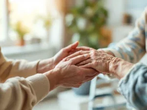 Zorgverlener ondersteunt oudere handen tijdens revalidatieoefening in warme huiselijke omgeving met hulpmiddelen