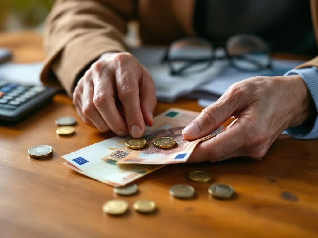 Oudere persoon telt eurobiljetten en munten op houten tafel met calculator en documenten op de achtergrond