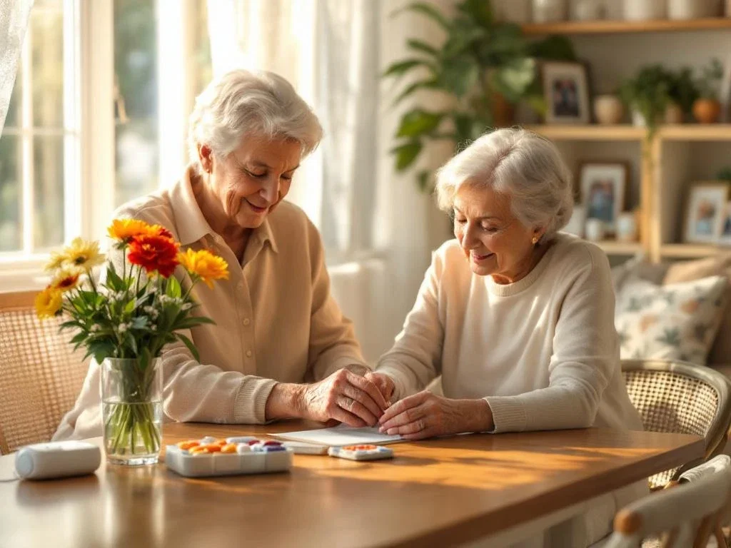 Oudere handen schikken bloemen in zonnige woonkamer met leeshoek, medicijnorganizer en familiefoto's