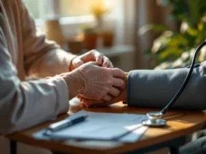 Zorgverlener past bloeddrukmeter aan bij oudere patiënt tijdens huiszorg, met medische benodigdheden op tafel