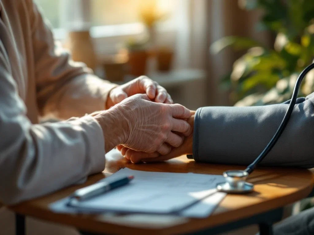 Zorgverlener past bloeddrukmeter aan bij oudere patiënt tijdens huiszorg, met medische benodigdheden op tafel