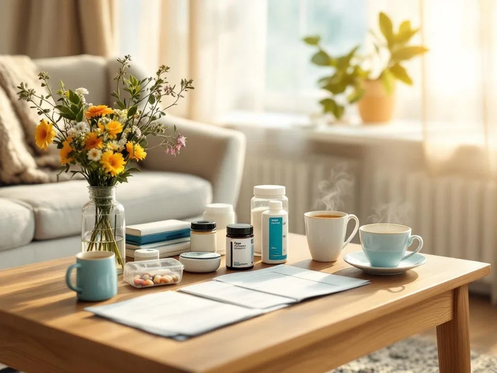 Warme woonkamer met thuiszorg benodigdheden op houten tafel: medicijnen, bloeddrukmeter en zorgdocumenten naast bloemen en thee