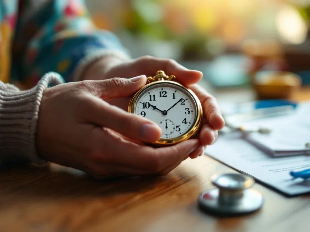Verzorgende handen houden gouden zakhorloge vast naast stethoscoop en zorgdocumenten op houten tafel