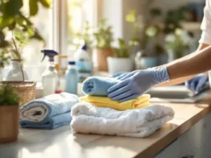 Verzorgende handen in handschoenen rangschikken huishoudelijke spullen op keukentafel in Nederlandse thuiszorgomgeving