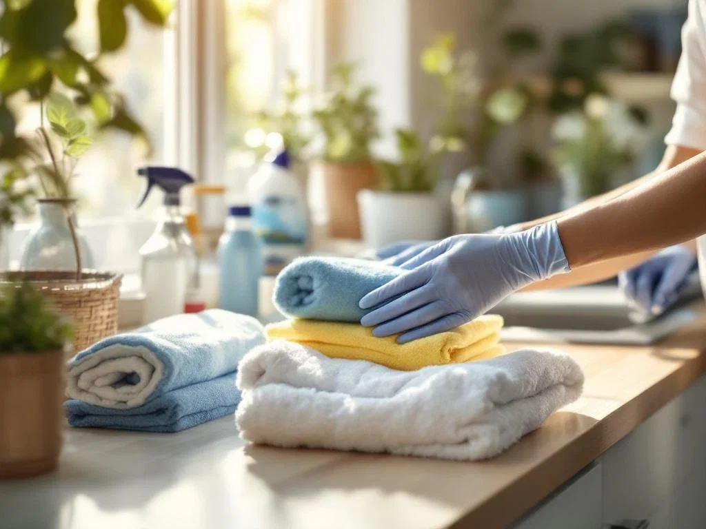 Verzorgende handen in handschoenen rangschikken huishoudelijke spullen op keukentafel in Nederlandse thuiszorgomgeving