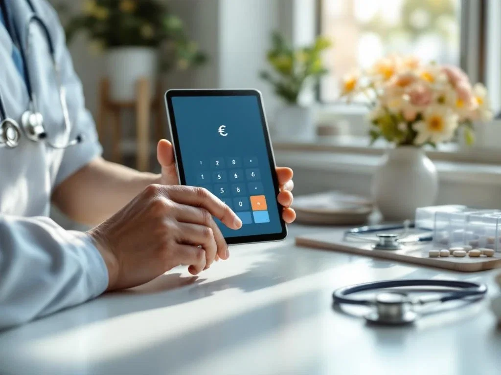 Handen die tablet vasthouden met euro-calculator app op keukentafel, stethoscoop en zorgbenodigdheden op achtergrond
