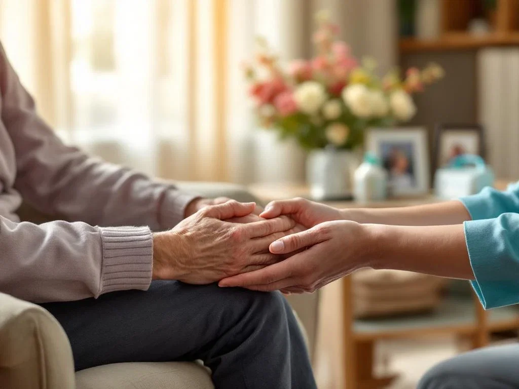 Zorgverlener houdt zachtjes handen van oudere persoon vast in warme woonkamer met medische benodigdheden op tafel