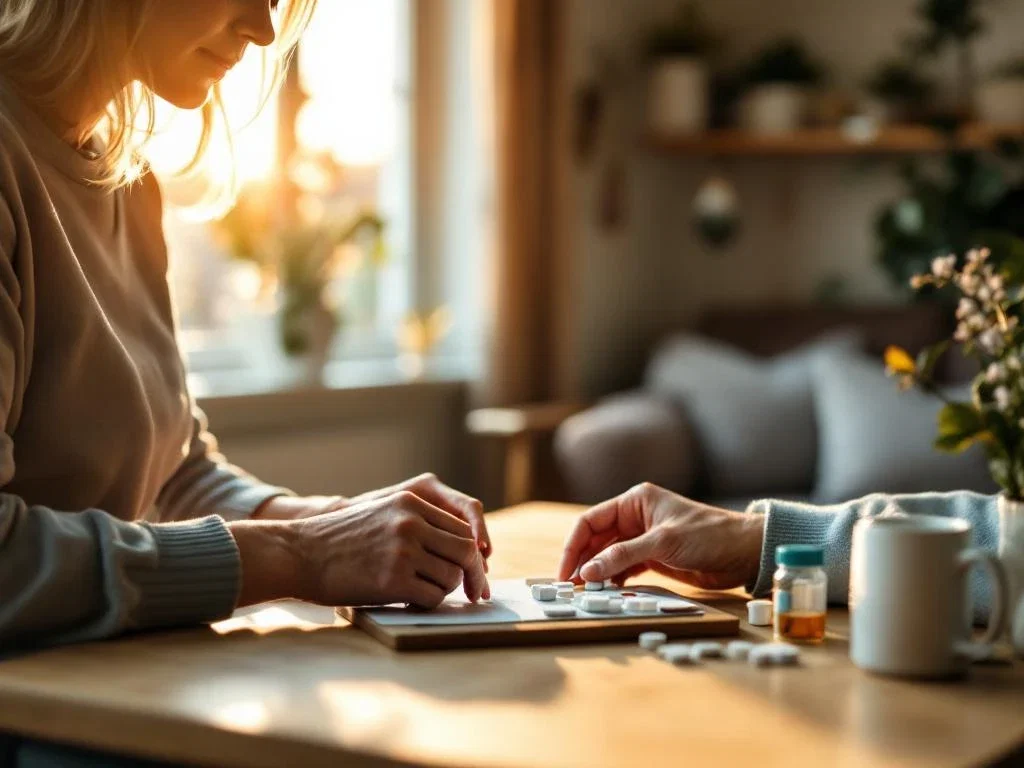 Zorgverlener helpt oudere persoon met medicatie organisatie in warme, toegankelijke Nederlandse woonkamer met natuurlijk licht