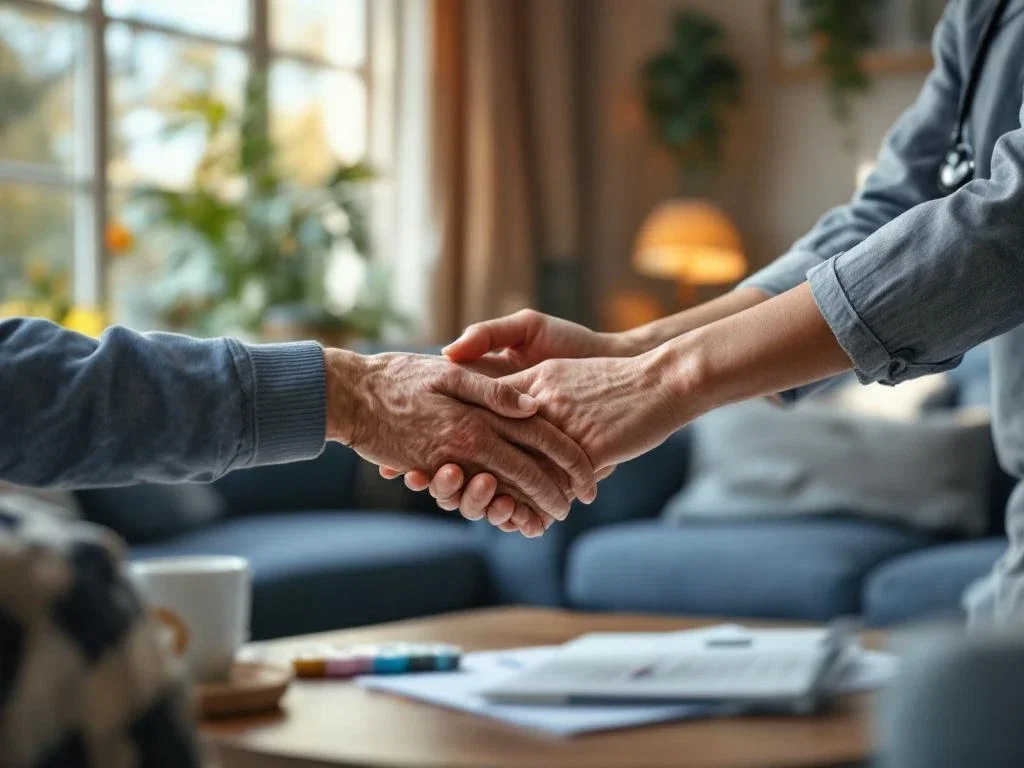 Verzorger ondersteunt oudere persoon thuis in warme Nederlandse woonkamer met medische zorgitems op tafel
