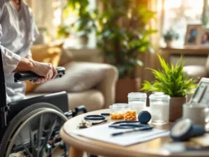 Zorgverlener past rolstoel aan in warme woonkamer met medische benodigdheden en huiselijke sfeer