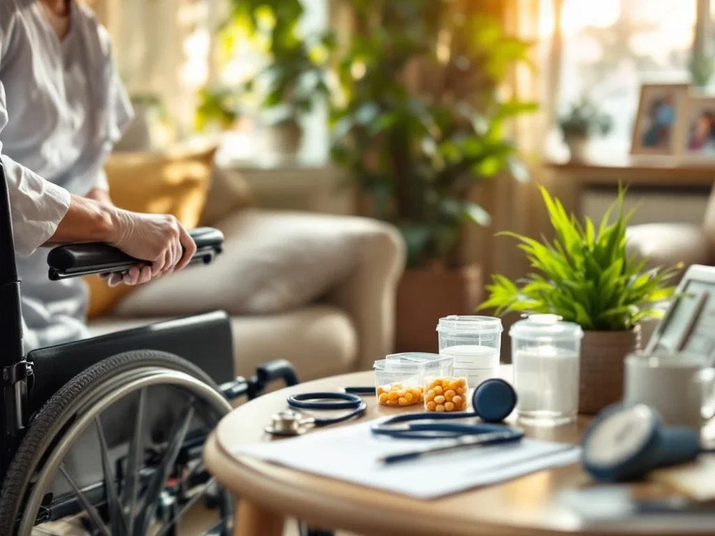Zorgverlener past rolstoel aan in warme woonkamer met medische benodigdheden en huiselijke sfeer
