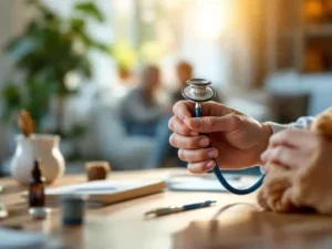 Zorgverlener houdt stethoscoop in huiselijke omgeving met medische benodigdheden op houten tafel, thuiszorg concept