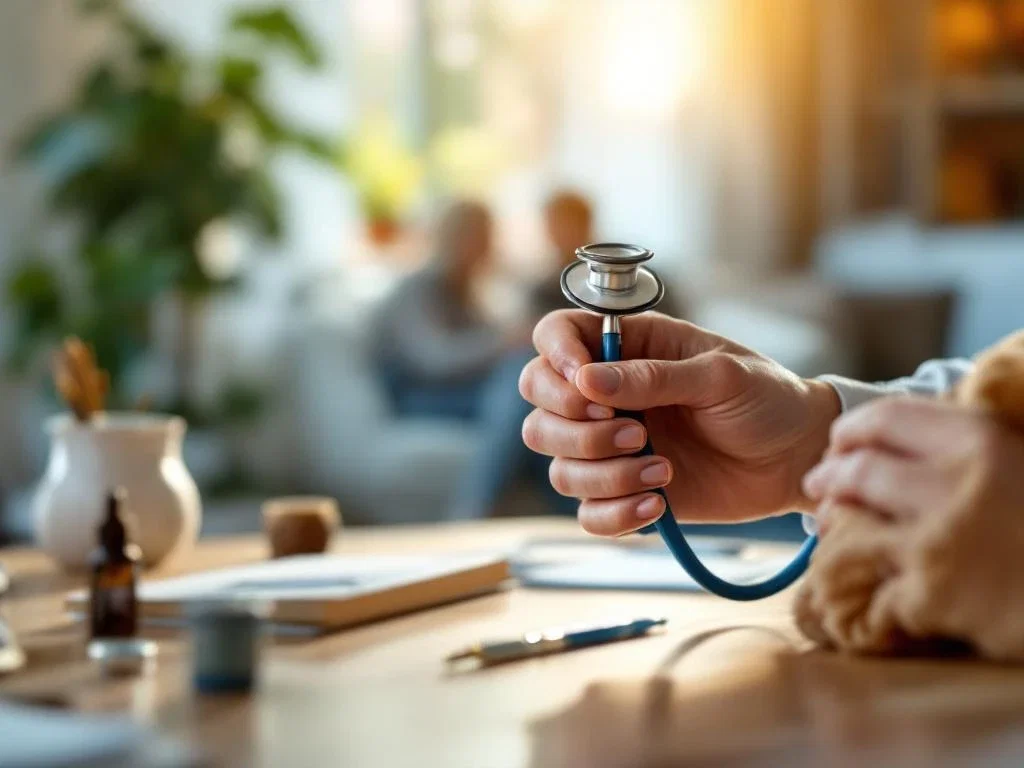 Zorgverlener houdt stethoscoop in huiselijke omgeving met medische benodigdheden op houten tafel, thuiszorg concept