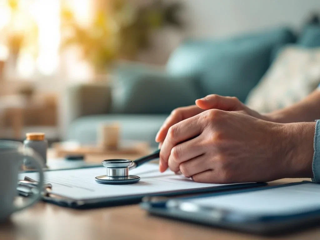 Zorgverlener houdt stethoscoop in huiselijke omgeving met medische benodigdheden op tafel, thuiszorg concept