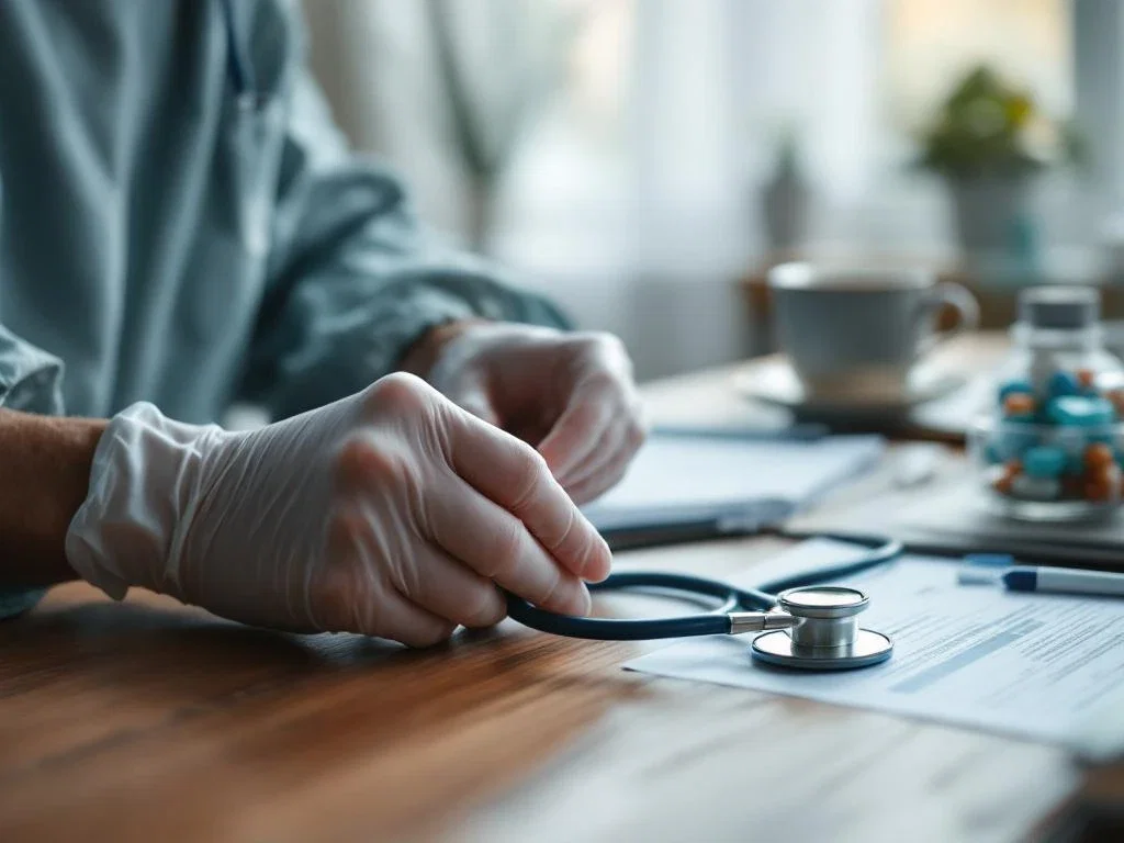 Dokter in handschoenen past stethoscoop aan op houten tafel met pillenorganizer en medische documenten in huiselijke setting
