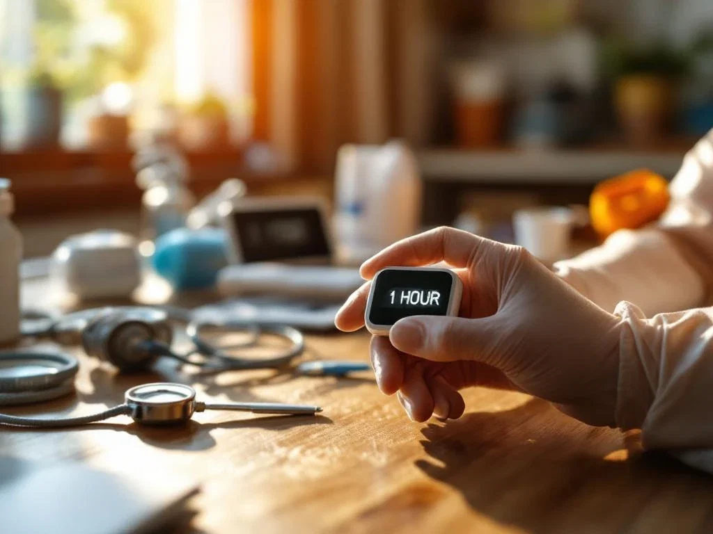 Gehandschoende handen stellen digitale timer in op 1 uur voor thuiszorgverlening met medische apparatuur op achtergrond