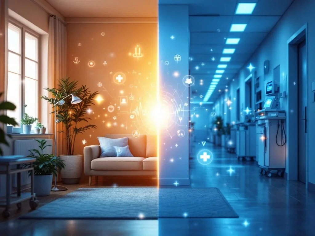 Gesplitst beeld van thuiszorg in warme woonkamer en professionele wijkverpleging faciliteit met medische apparatuur