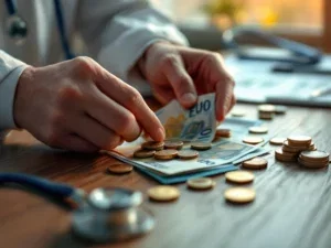 Handen tellen euro bankbiljetten en munten op houten tafel met stethoscoop, zorgkosten concept
