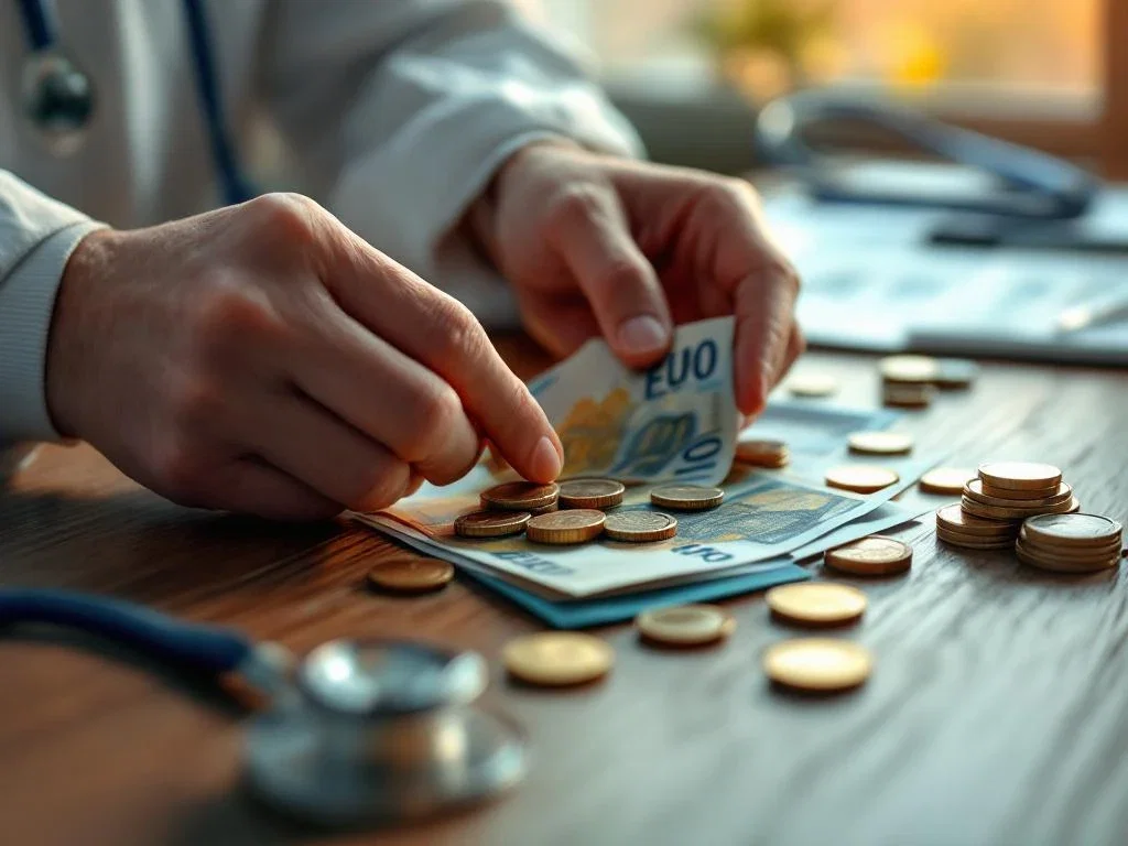 Handen tellen euro bankbiljetten en munten op houten tafel met stethoscoop, zorgkosten concept