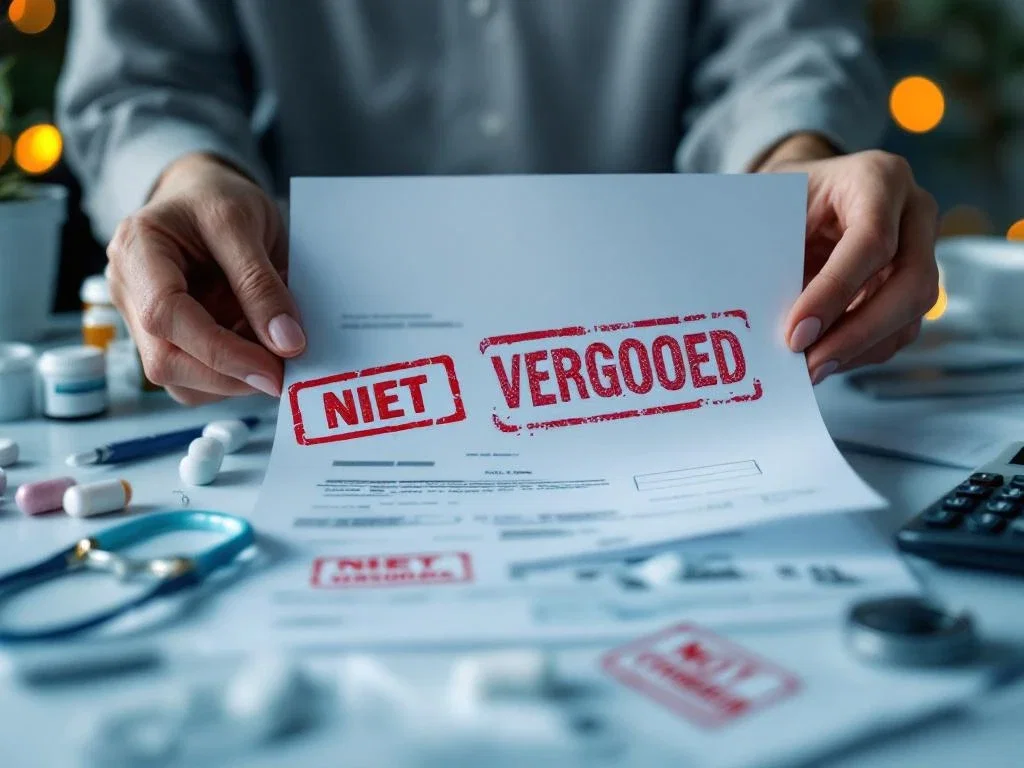 Handen houden medische rekening met rode "NIET VERGOED" stempels, omringd door medicijnflesjes en rekenmachine