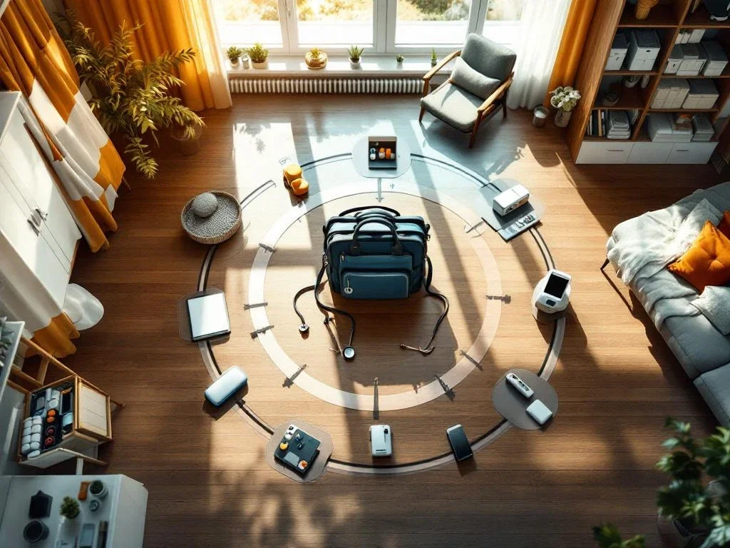 Luchtfoto van moderne Nederlandse woning met huisartstas en stethoscoop centraal, omringd door thuiszorgmiddelen in cirkelvorm