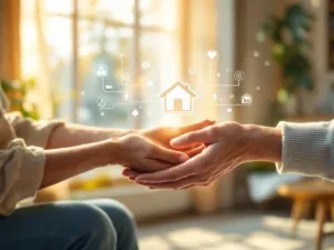 Verzorgende handen ondersteunen ouderen in warme woonkamer met paden die verschillende zorgopties vanaf huis weergeven