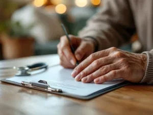 Zorgverlener houdt stethoscoop en klembord met zorgdocumenten op houten tafel in huiselijke omgeving