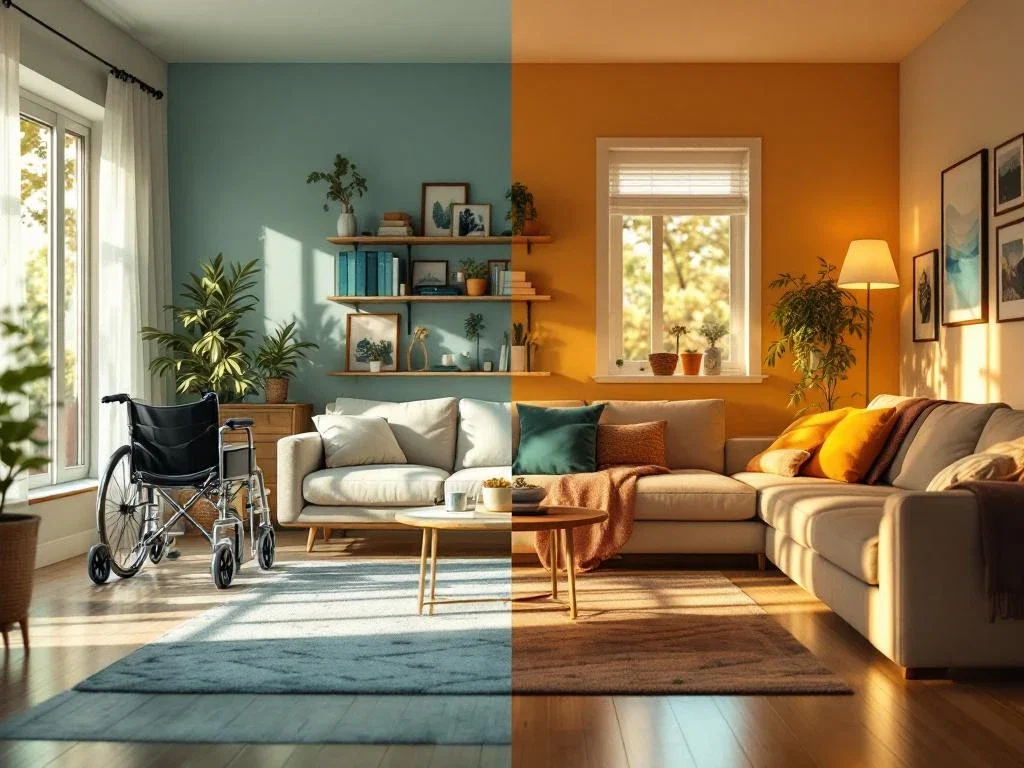 Gesplitst beeld van korte- en langetermijn thuiszorg: moderne kamer met medische hulpmiddelen versus aangepaste woonruimte