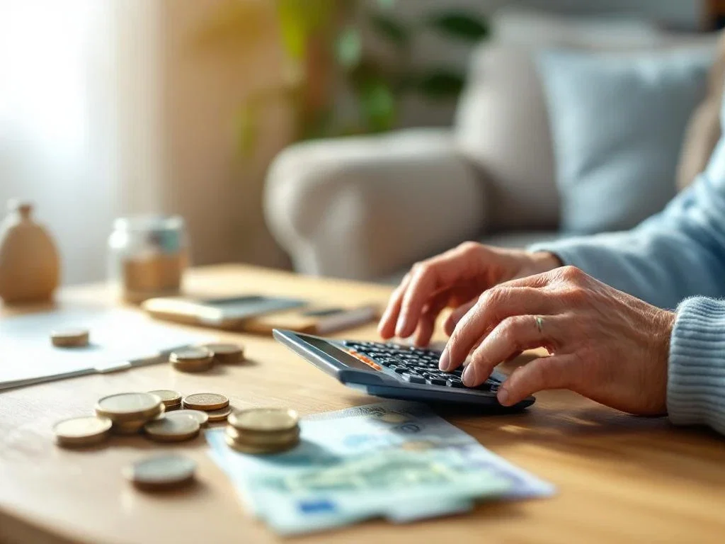 Oudere handen met rekenmachine en rekeningen op houten tafel, euro bankbiljetten en medicijndoosjes in warme woonkamer