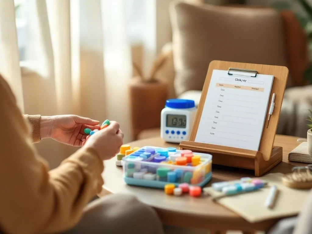 Verzorger organiseert medicijnen en zorgschema in warme woonkamer met fauteuil en natuurlijk licht