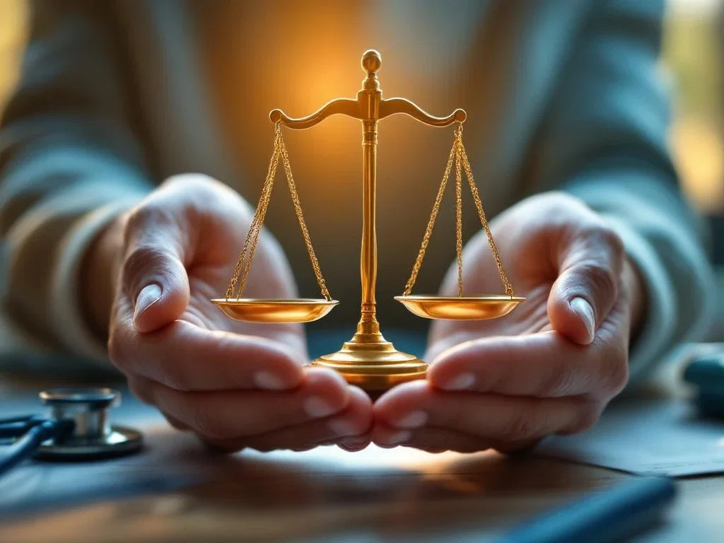 Verzorgende handen beschermen gouden weegschaal van justitie met warme zonnestralen en medische zorgdocumenten op achtergrond