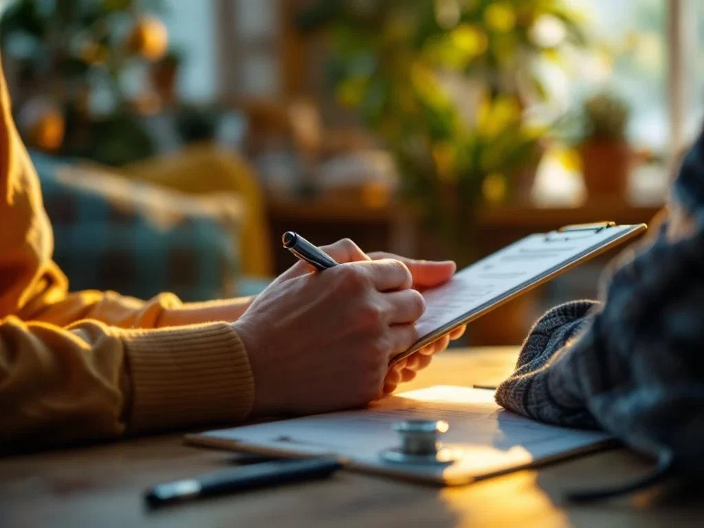 Zorgverlener houdt medische formulieren vast in warme Nederlandse woonkamer met stethoscoop op tafel