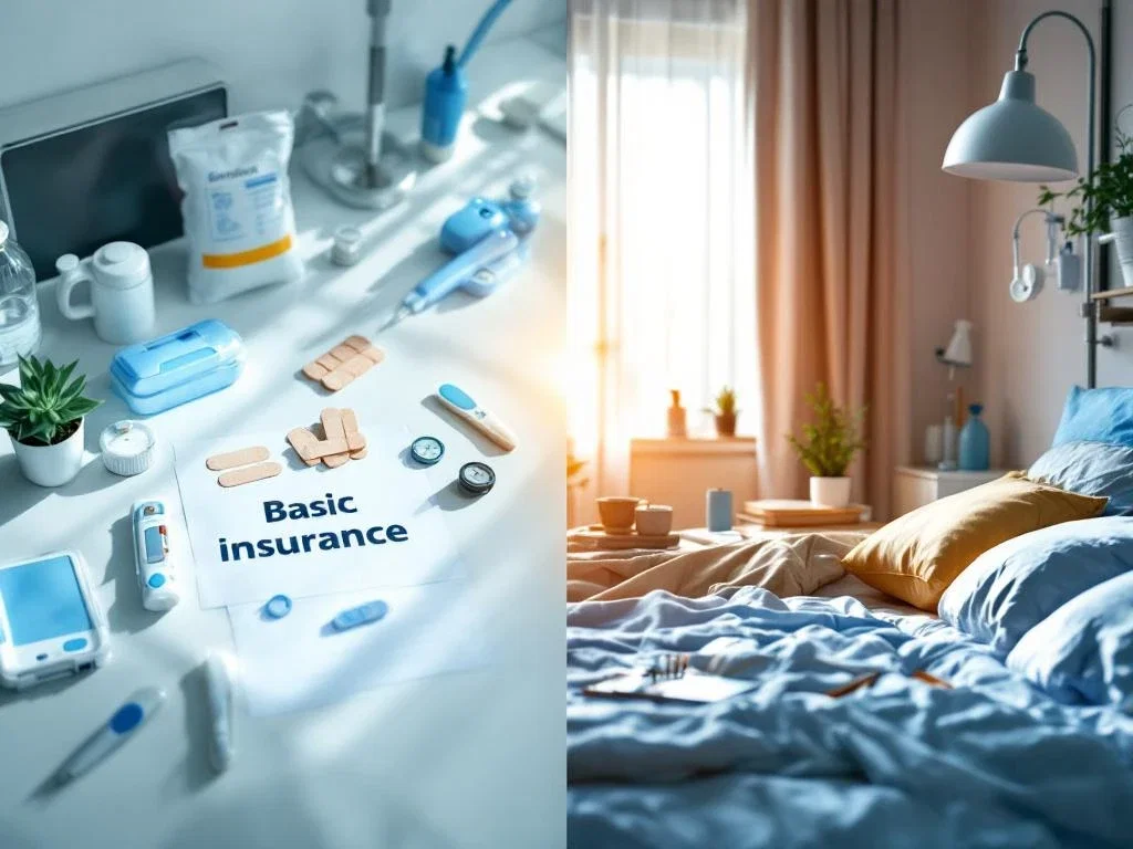 Split-screen vergelijking van basis zorgverzekering met medische kit links en uitgebreide aanvullende zorgverzekering rechts