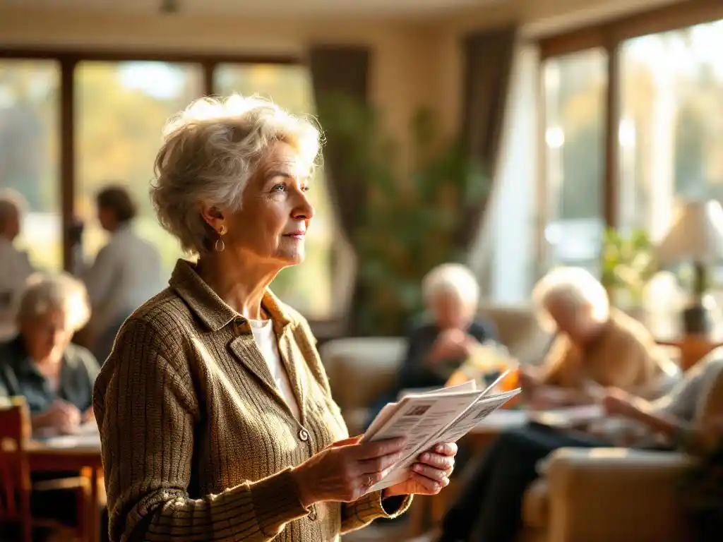 Vrouw met brochures observeert senioren die kaarten spelen en knutselen in warme, zonnige dagopvang ruimte