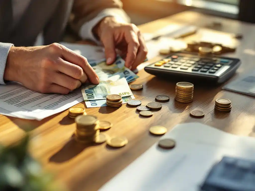 Handen tellen eurobiljetten en munten op houten tafel met officiële documenten en rekenmachine voor budgetplanning