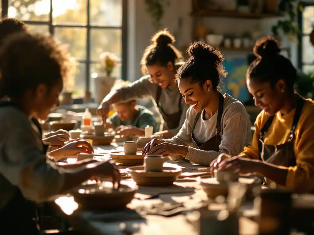 Diverse groep volwassenen met een beperking werkt met klei aan pottenbakkerswielen in zonnige workshop met begeleider