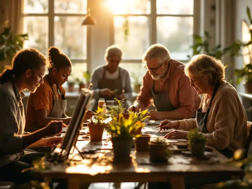 Diverse groep volwassenen schildert, verzorgt planten en puzzelt samen in lichte gemeenschapsruimte met natuurlijk zonlicht