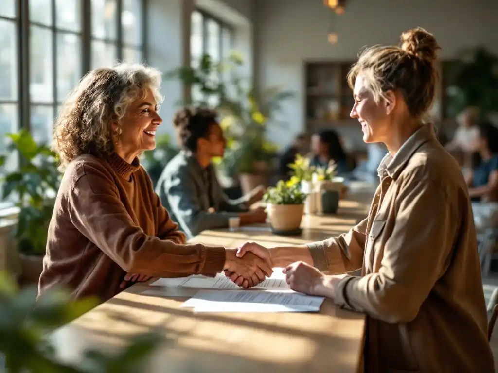 Vriendelijke medewerker overhandigt aanvraagformulieren aan bezoeker bij receptie van gemeenschapscentrum met wachtruimte