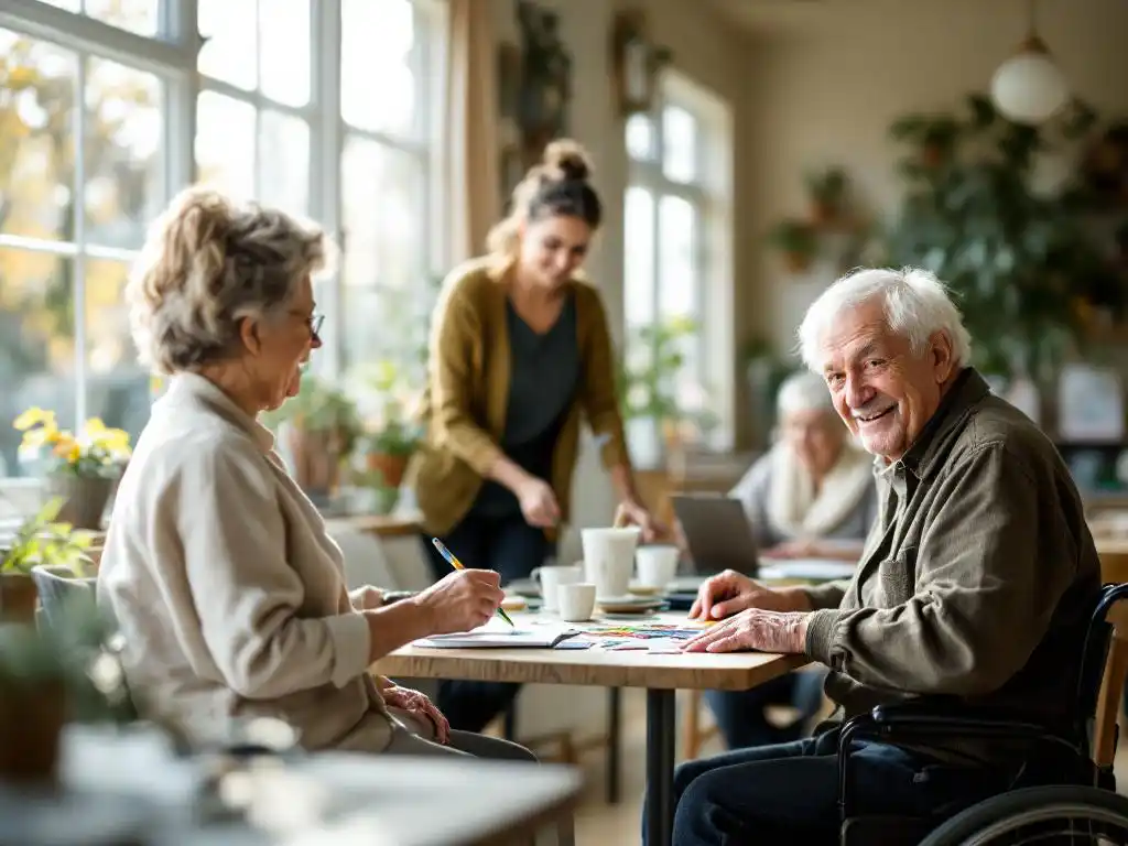 Diverse groep mensen in gemeenschapscentrum: oudere vrouw schildert, man met beperking puzzelt, sociale werker observeert
