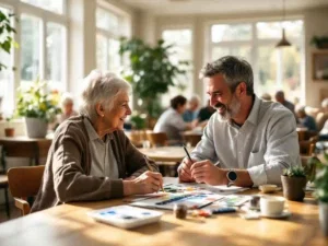 Diverse mensen van verschillende leeftijden schilderen en puzzelen samen aan houten tafels in gezellig gemeenschapscentrum