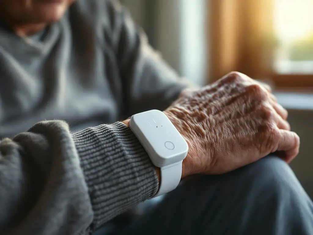 Oudere persoon drukt op witte alarmknop aan pols met LED-indicator in warme huiselijke omgeving
