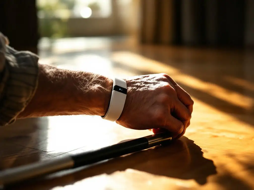 Oudere persoon met witte noodknop armband reikt naar gevallen wandelstok op houten vloer in zonlicht