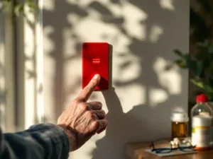 Oudere persoon drukt op rode alarmknop aan muur, zorgverzekeringspas en medicijnen op tafel zichtbaar