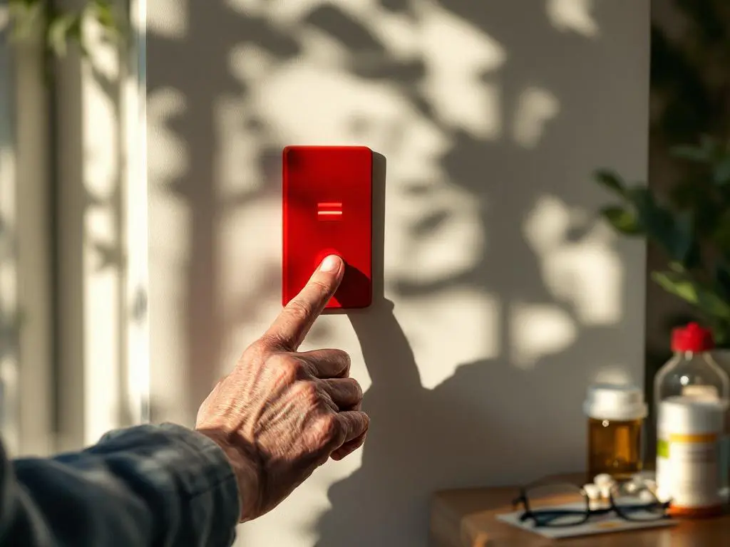 Oudere persoon drukt op rode alarmknop aan muur, zorgverzekeringspas en medicijnen op tafel zichtbaar
