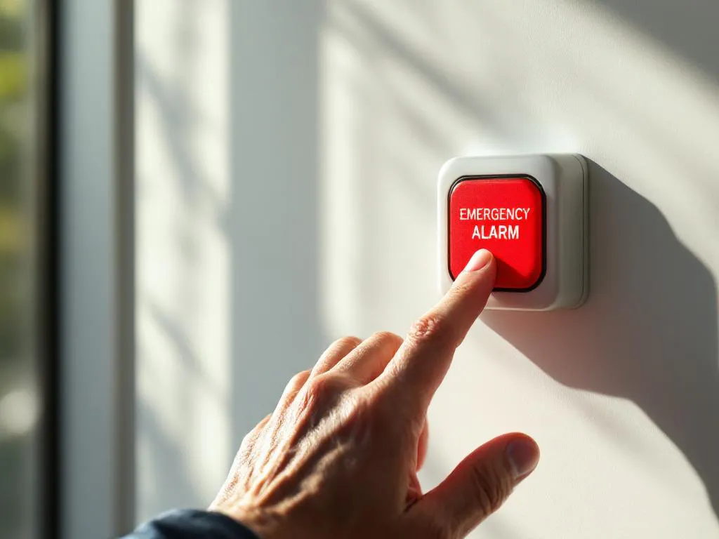 Oudere hand drukt op rode noodknop aan witte muur, natuurlijk licht valt door raam