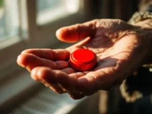 Oudere hand houdt rode noodknop vast in warme huiselijke omgeving, zorgconcept voor senioren