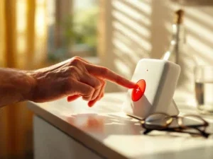 Oudere hand drukt op rode noodknop van wit bedienspaneel op nachtkastje met glas water en bril op de achtergrond