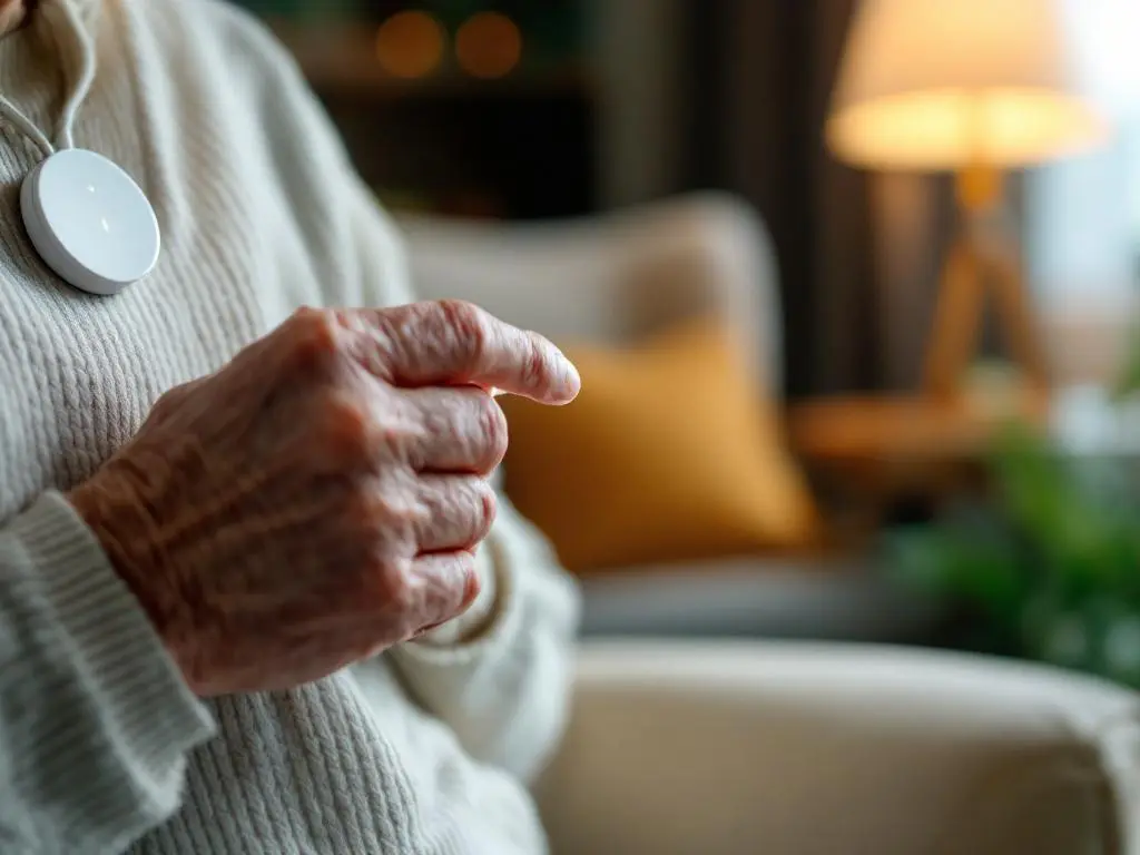 Oudere persoon drukt op witte noodknop om nek in comfortabele huiskamer met zachte verlichting